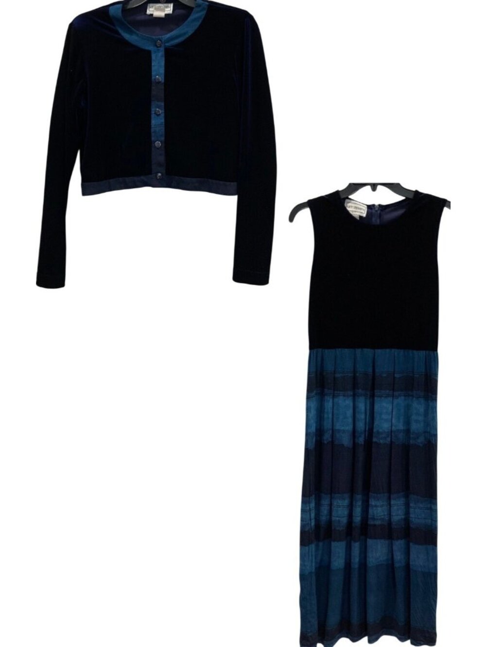 Karin Stevens Velvet Twin Outfit Set Crop Cardigan & Dress 6 Black Evening Glam